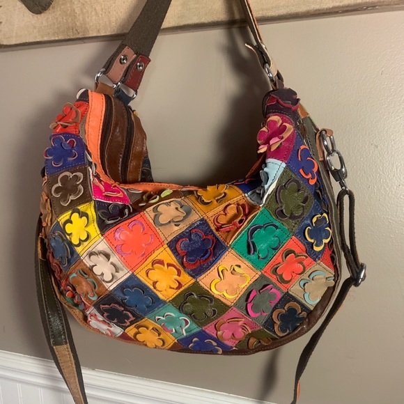 Leather Floret Patchwork Boho Slouch Handbag - Picture 1 of 7